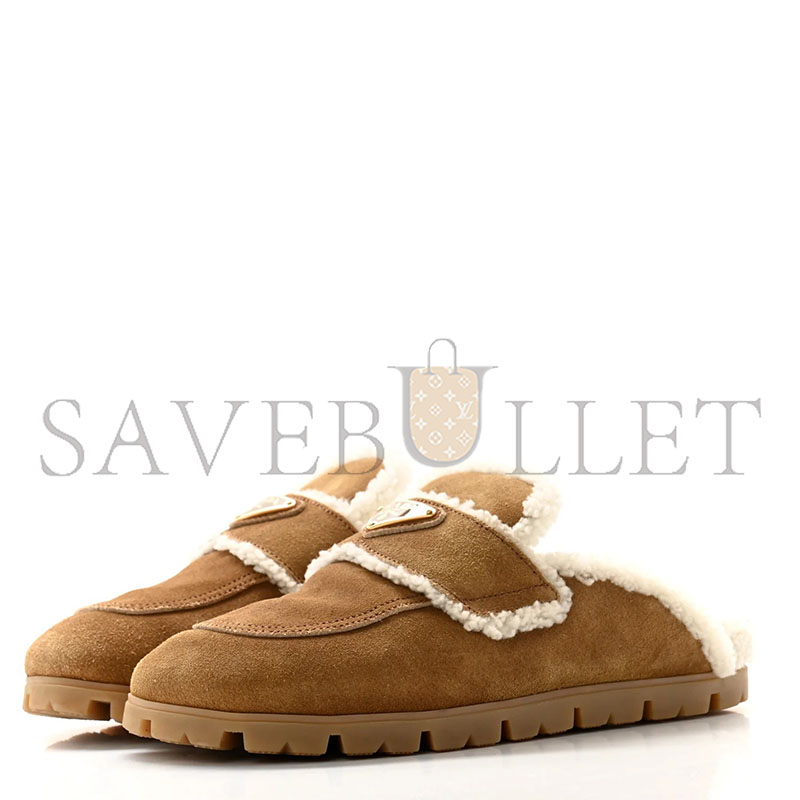 Pra*a suede shearling metal triangle logo lug sole